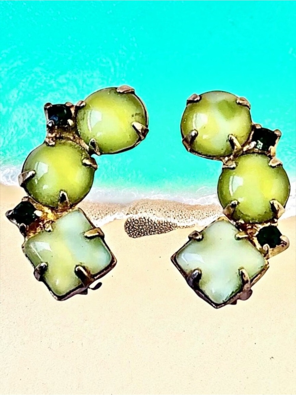 Vintage Mid Century Green Moonglow Lucite Glass Rhinestone Climber Clip Earrings